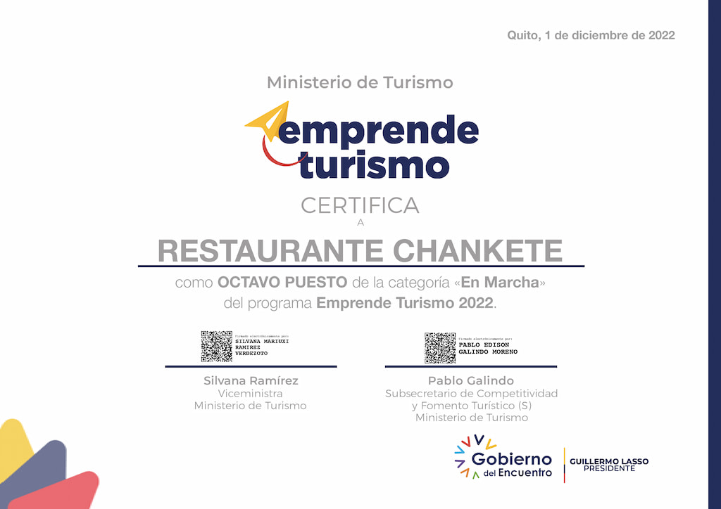 Certificado Emprende Turismo Restaurante Chankete Salinas Ecuador